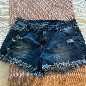 Distressed Denim Fringe Shorts